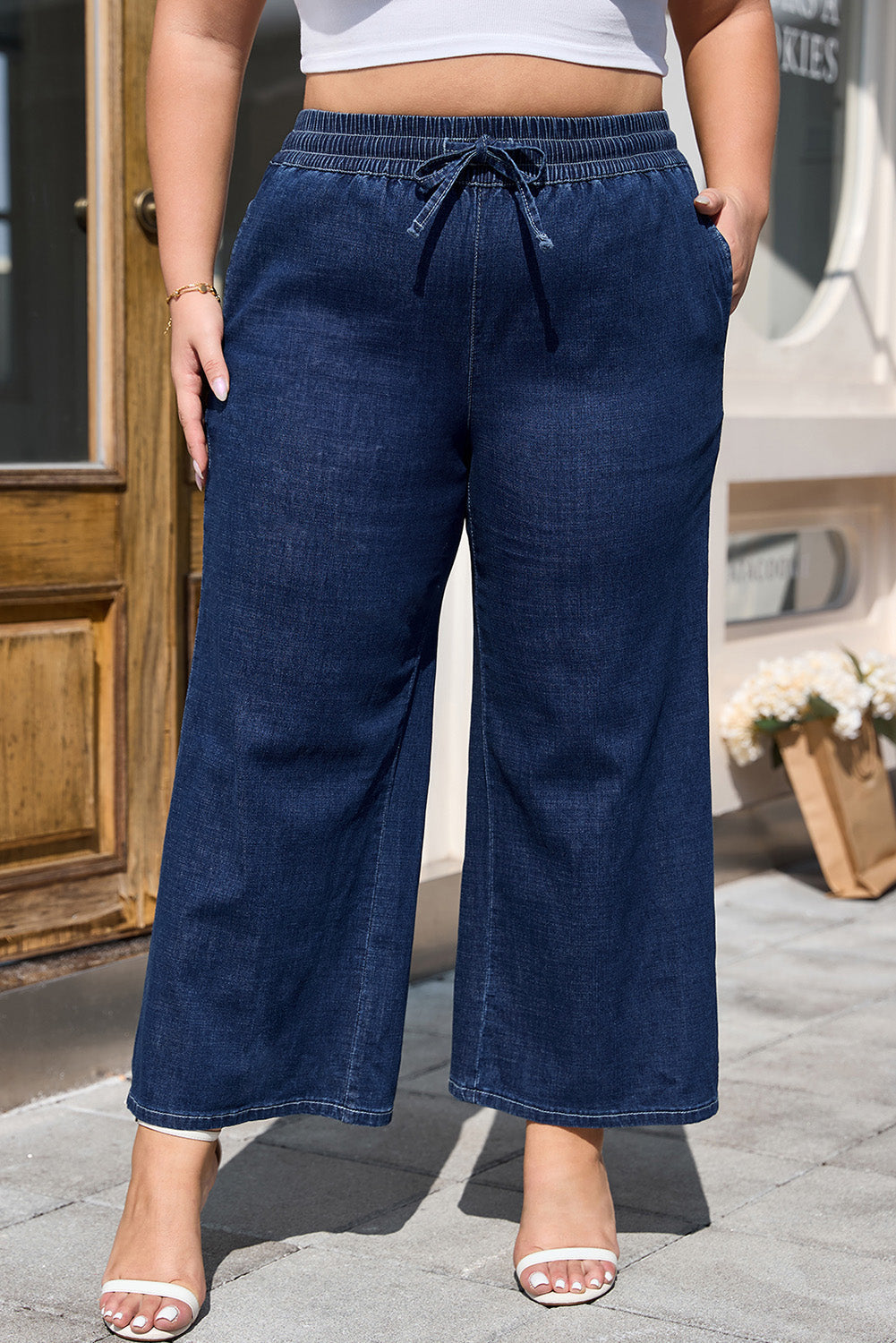 Plus High-Waisted Size Drawcord Wide-Leg Everyday Jeans in Real Teal