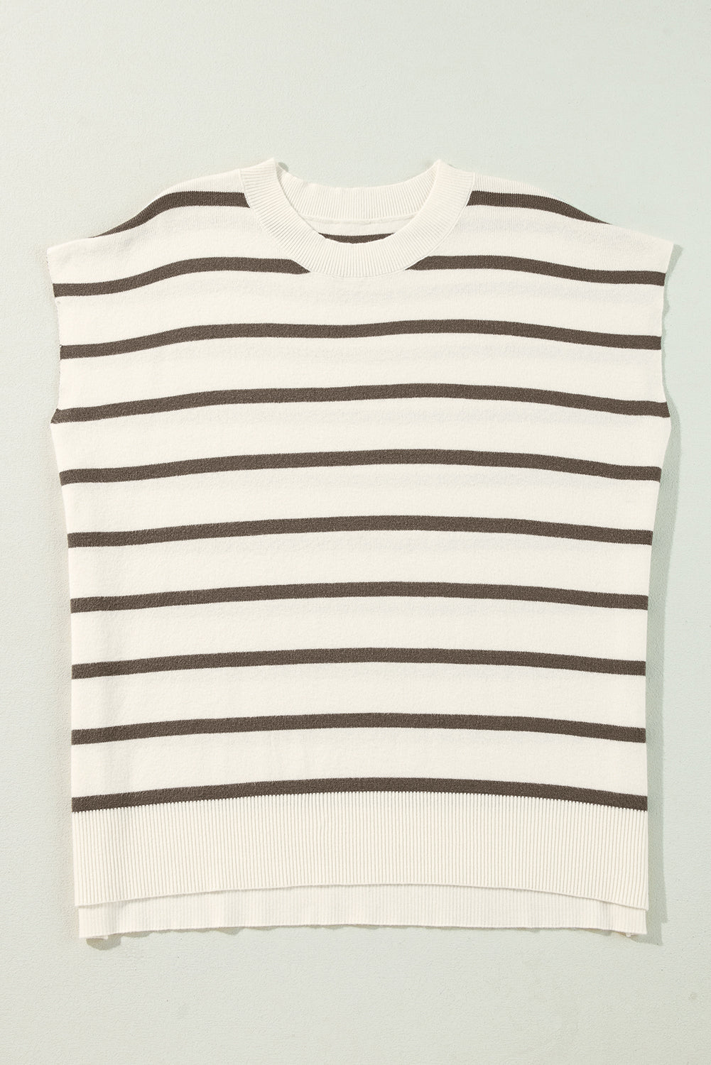 Brown Stripe Side Slits Crewneck Short Sleeve Sweater