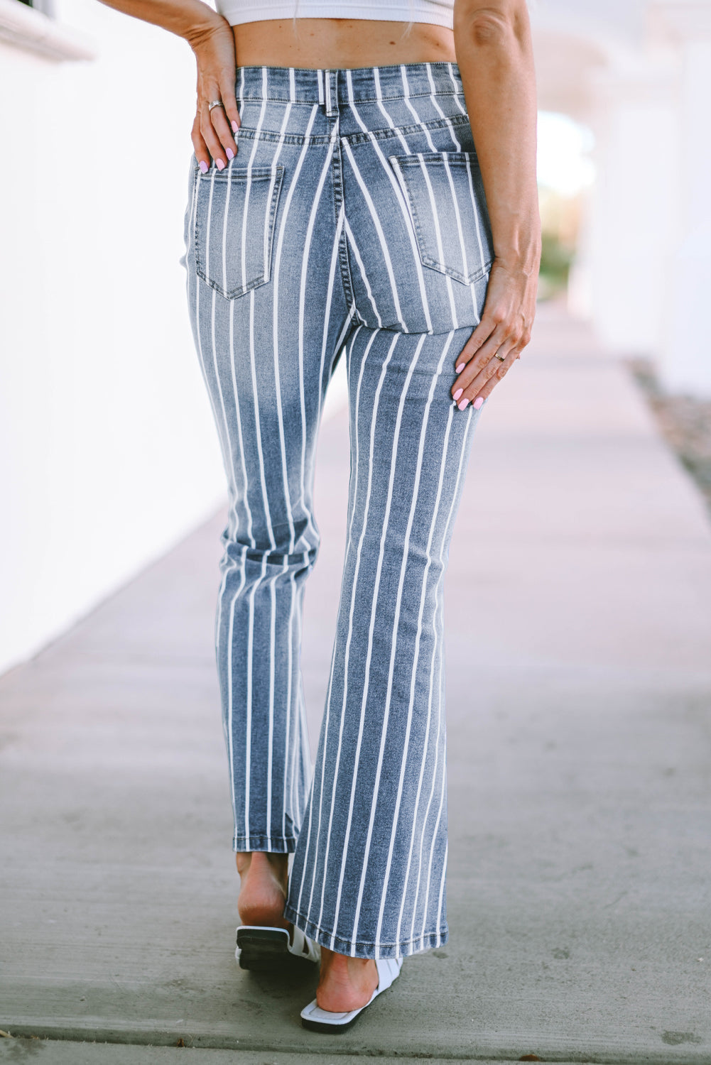 Women's Flare Jeans Featuring Vertical Striped Ripped