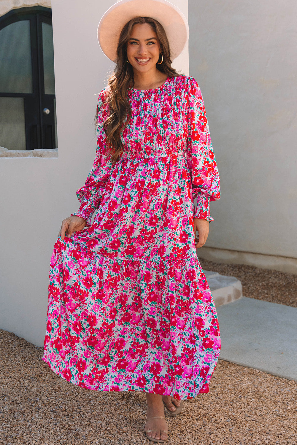 Floral Print Smocked Lantern Sleeve Tiered Maxi Dress