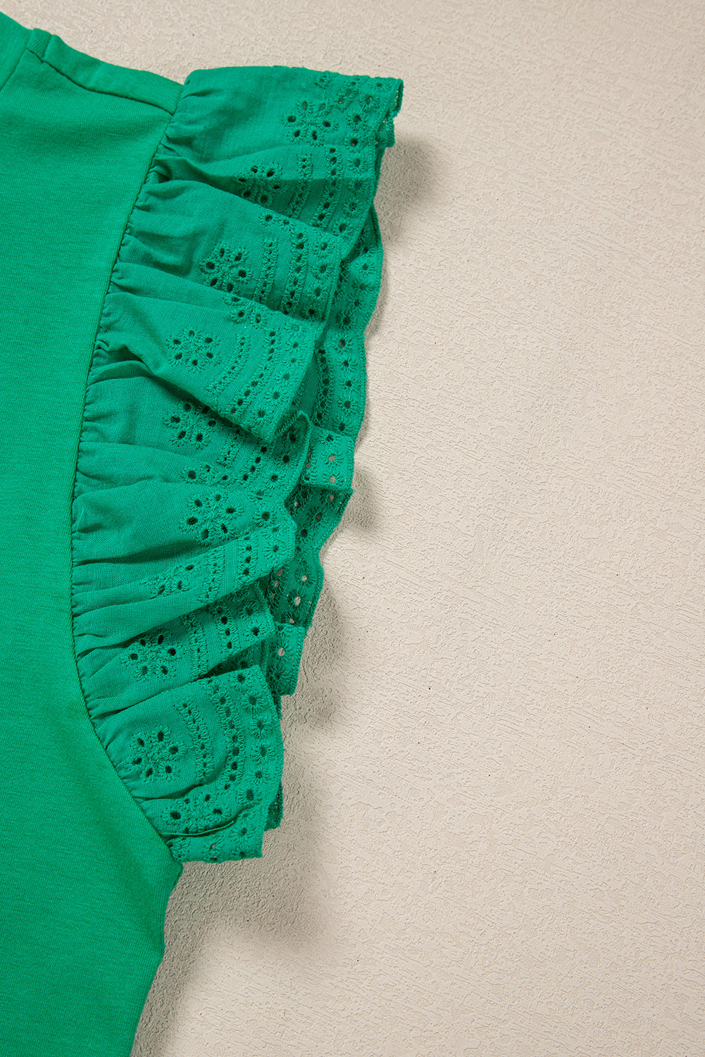 Green Embroidered Ruffled Sleeve Slim Fit Crew Neck Top