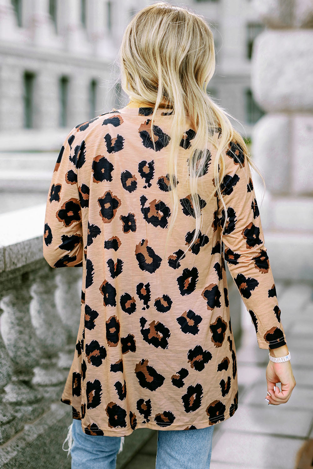 Women's Cardigan with Open Front Leopard-Print Printed