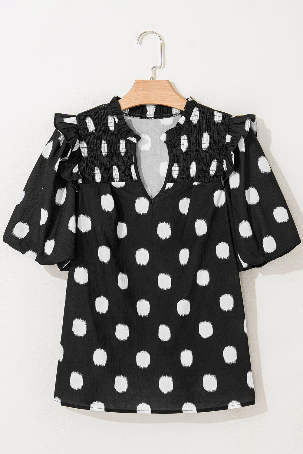 Polka Dot Print Shirred Yoke Notched Neck Blouse
