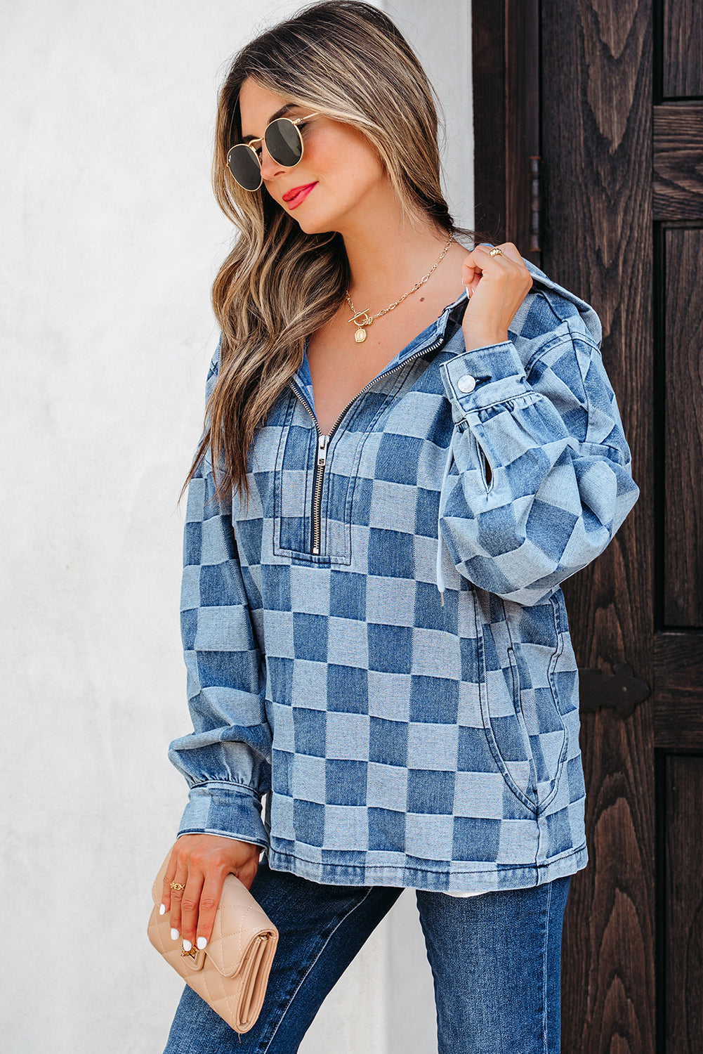 Neck Checkerboard Zip Kangaroo Pocket Denim Hoodie