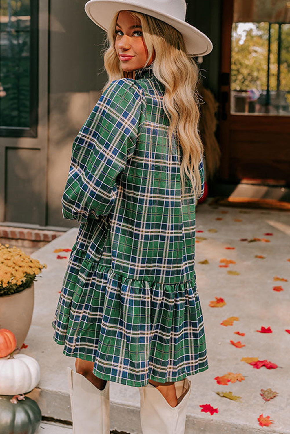 Print Frilly Plaid Frilly Collar Long-Sleeved Shift Mini Dress