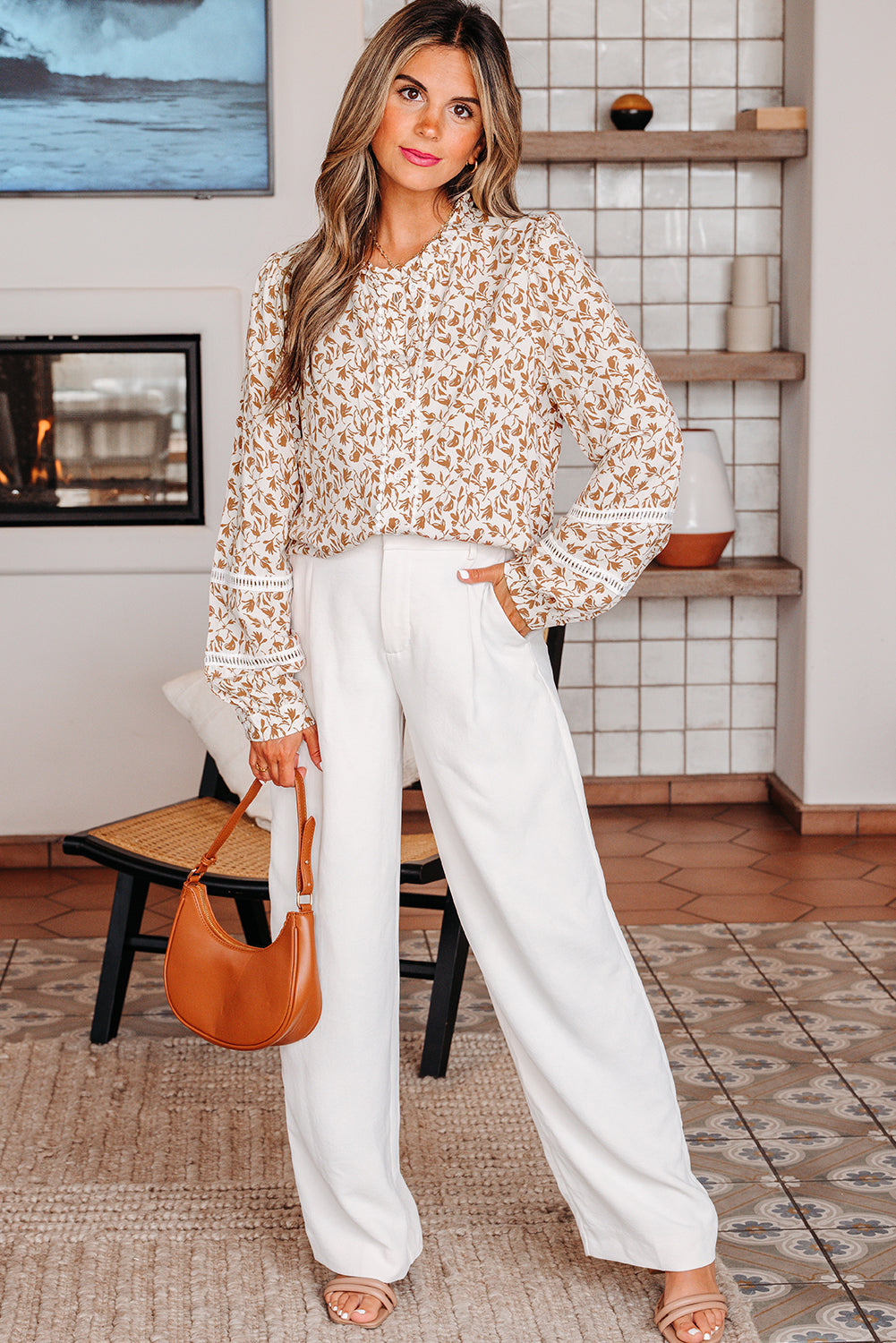 Lace Detail Floral Puff Sleeve Fall Shirt