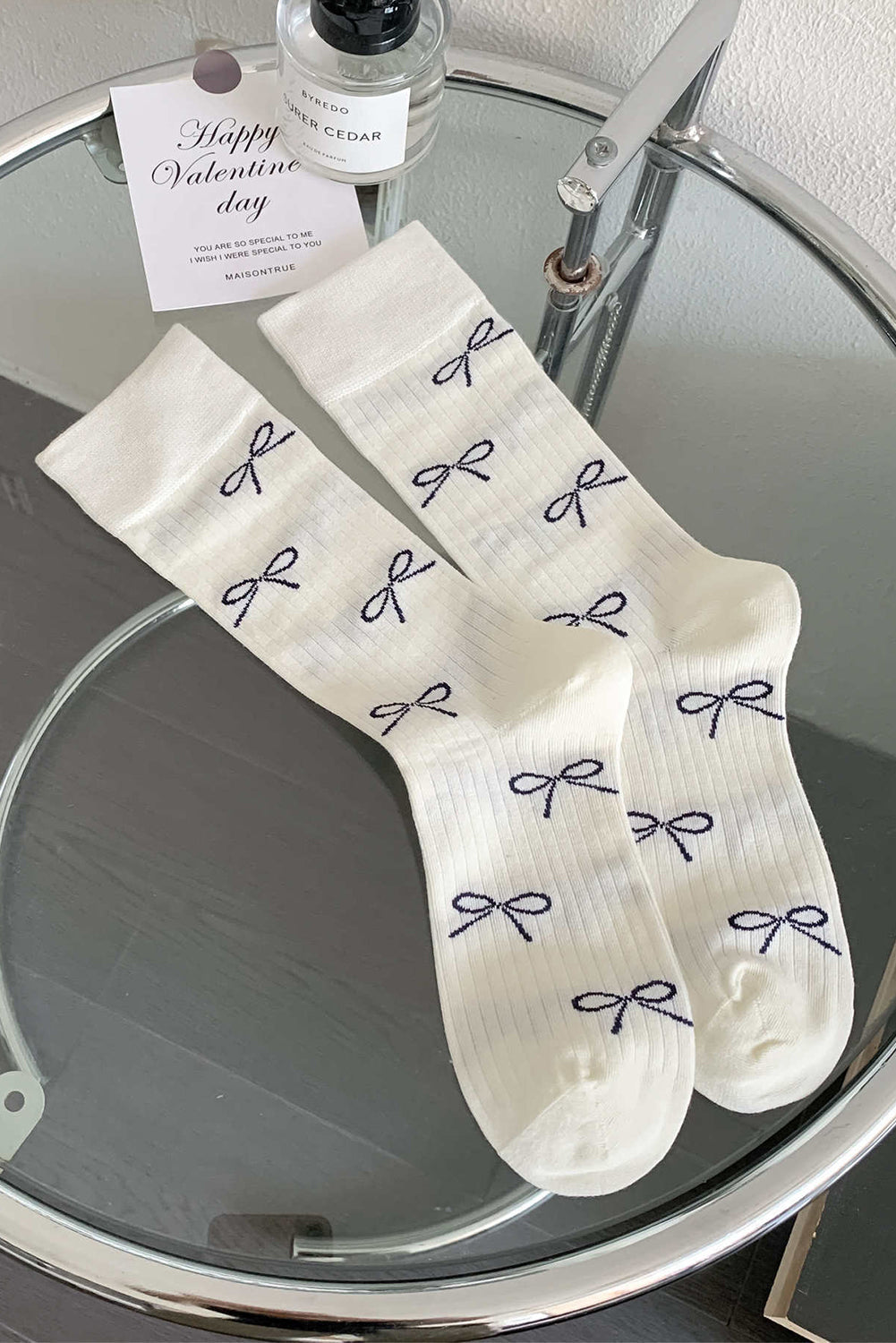 Bow Knot Print Rib-Knit Crew Socks