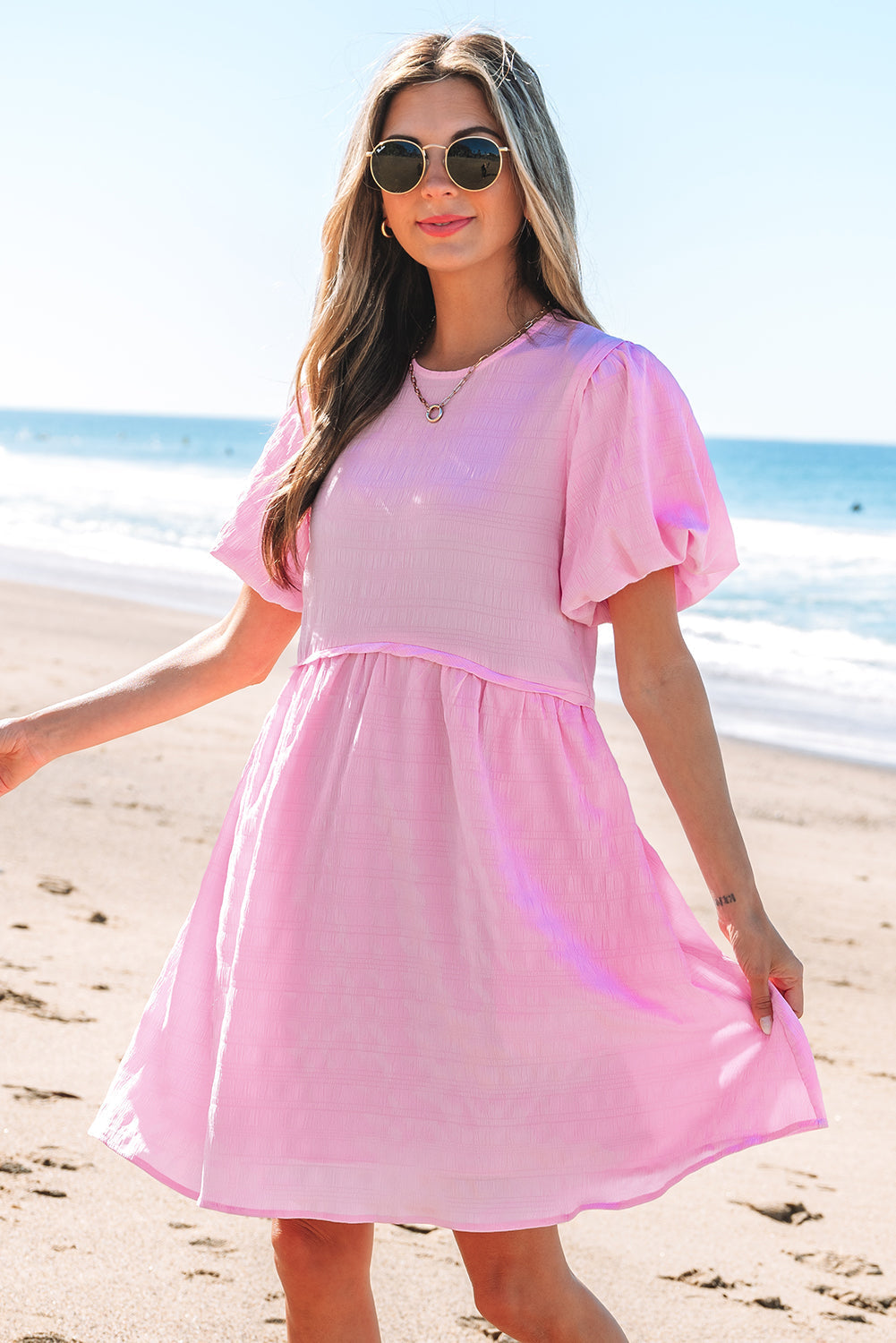 Pink Textured Bubble Sleeve High Waist Mini Dress