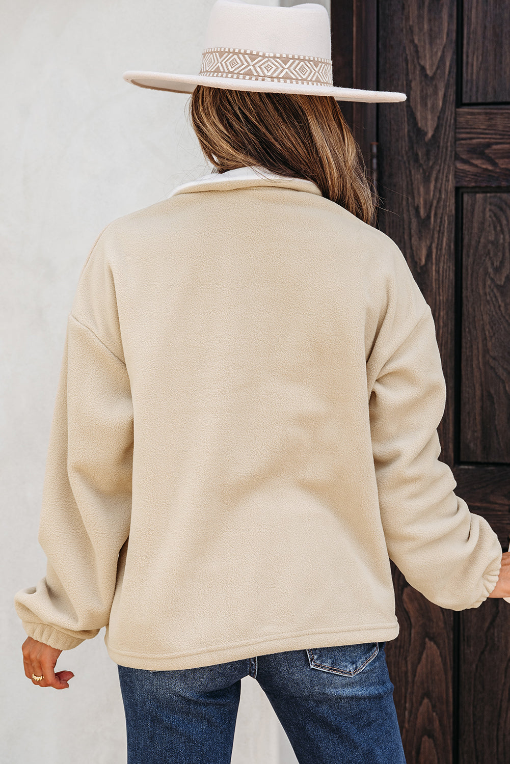 Fleece Zip Colorblock Patchwork Neck Pullover Sweatshirt