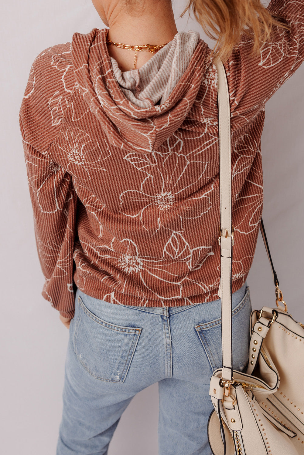 Rib Floral Twisted Drawcord Kangaroo Pocket Hoodie