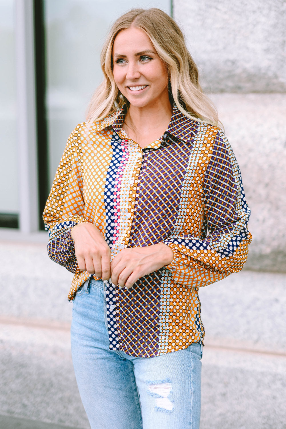 Women's Dot Print Button Down Shif T Shirt