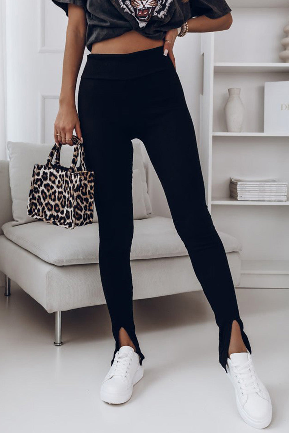 Women's Leggings with Rib-Knitted High-Rise Black Slit