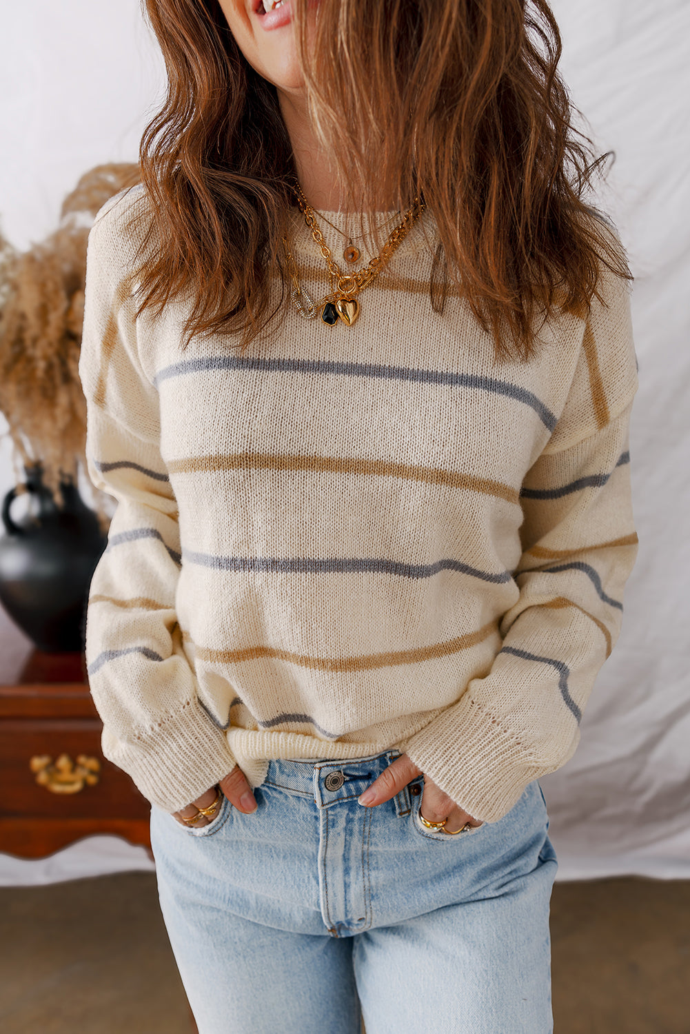 Striped Drop-Shoulder Rib-Knit Edge Knit Top in Multicolour