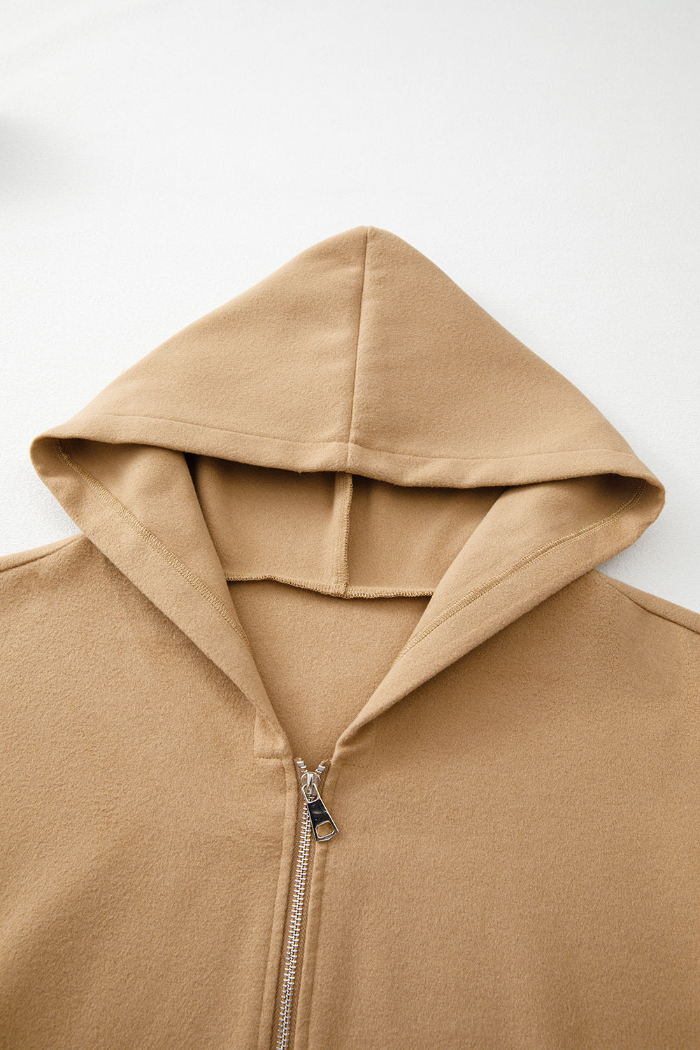 Solid Everyday Zip-Front Hooded Coat in Light French Beige