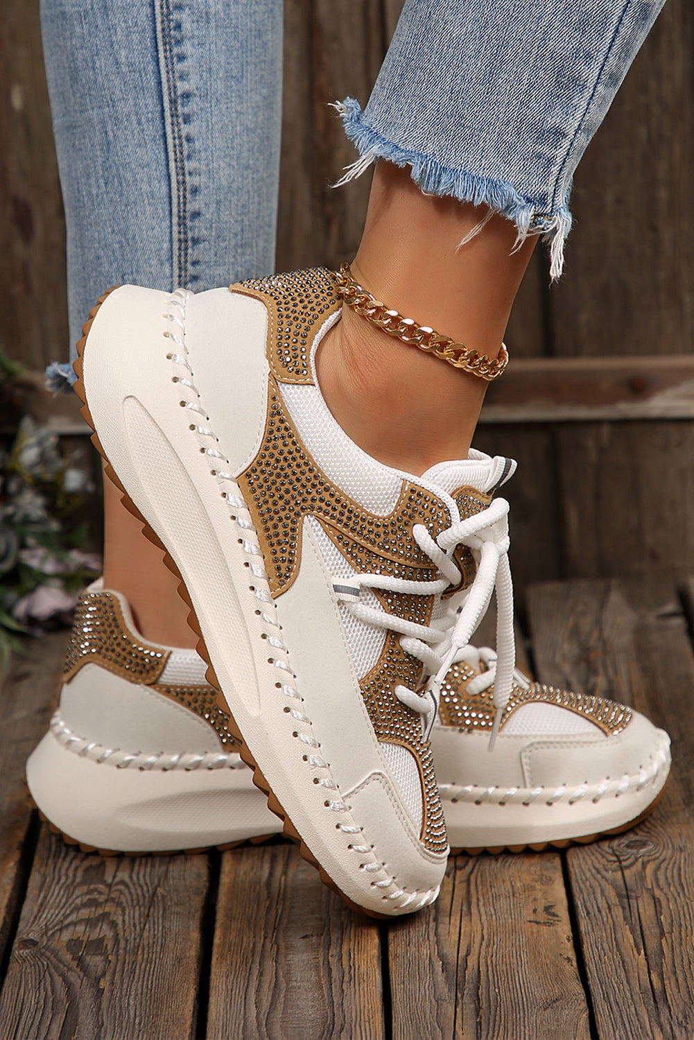Embellished Colorblock Rhinestone Colorblock Patchwork Lace-up Breathable Sneakers