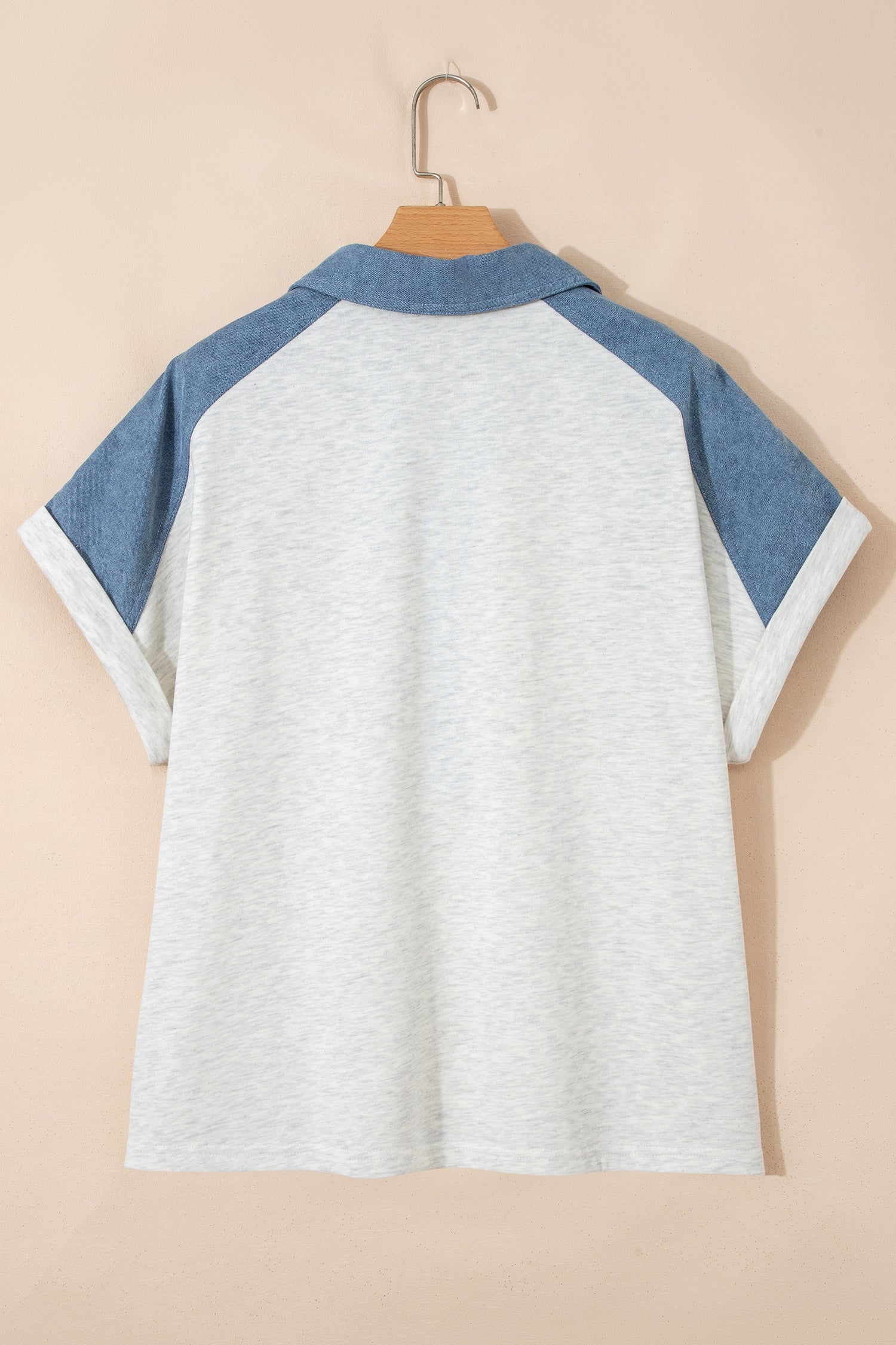 Plus Denim Size Contrast Patchwork Cuffed Sleeve Polo Tee in Beige