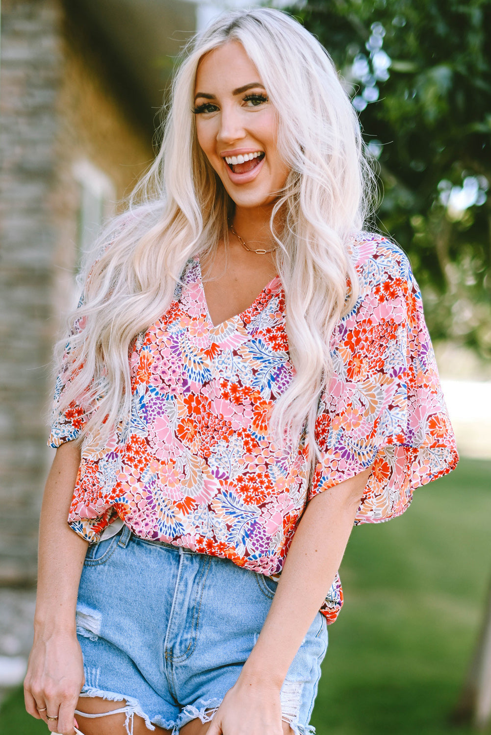 Blouse for Women Gorgeous Floral-Print Notch V Neck