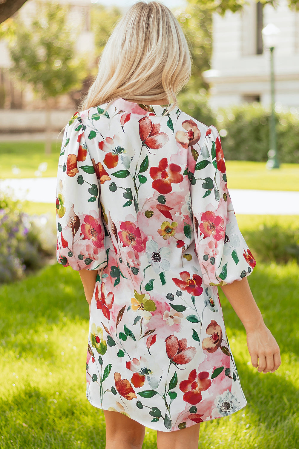 Floral V-Neck Contrast Striped Puff Half Sleeve Shift Dress
