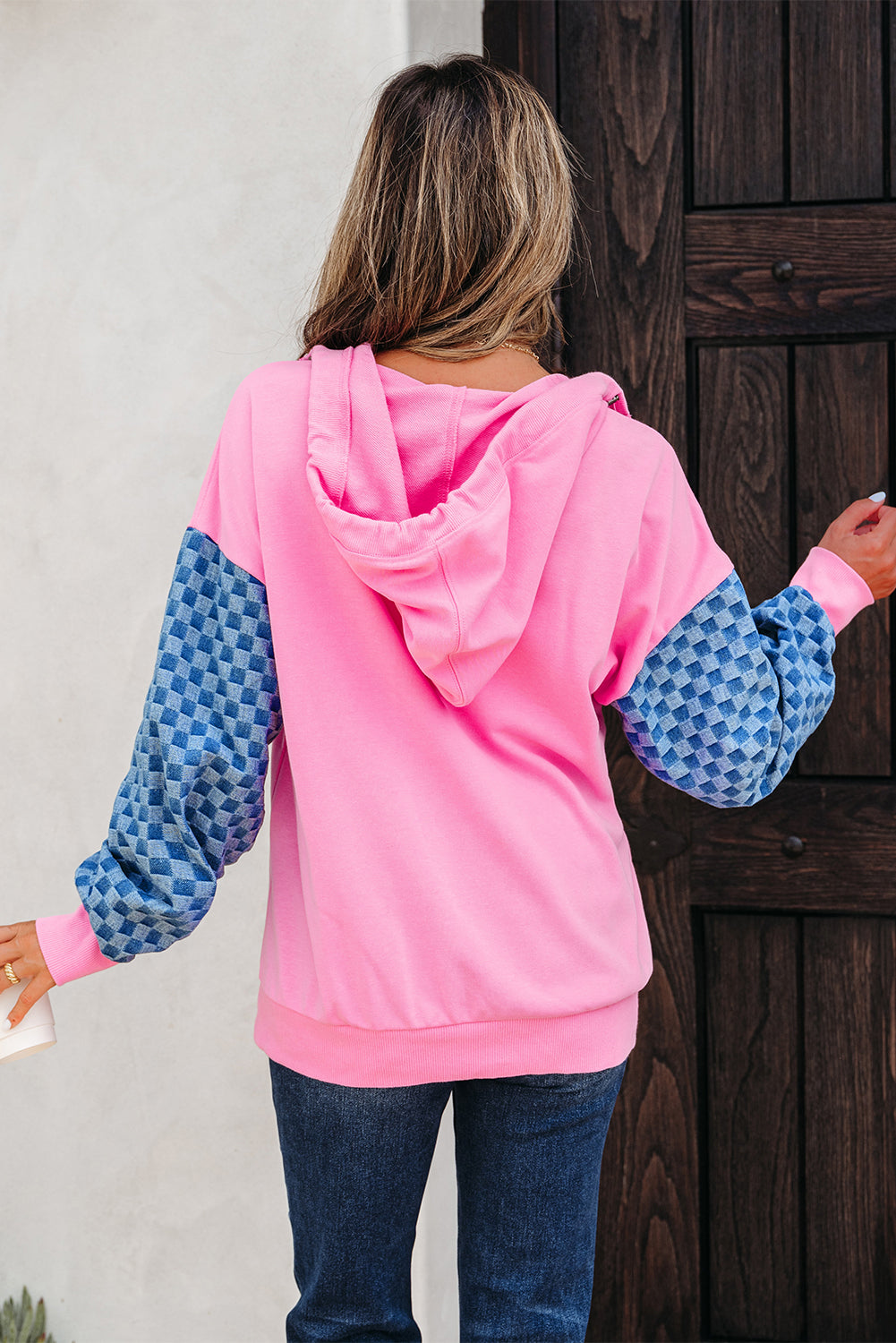 Patchwork Kangaroo Checkered Kangaroo Pocket Half Zip Hoodie