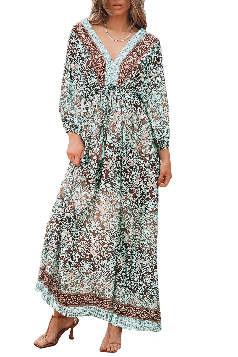 Green Boho Floral Print Lace-up Open Back Maxi Dress