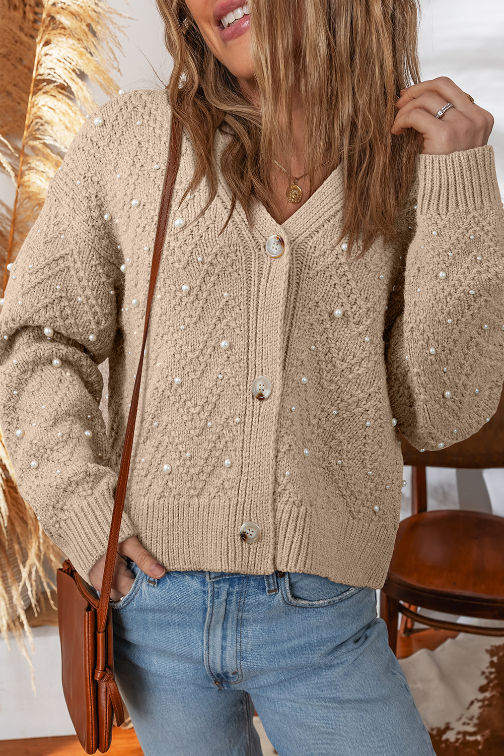 Pearl Front Embellished Button Cardigan Knit Top in Smoke Gray