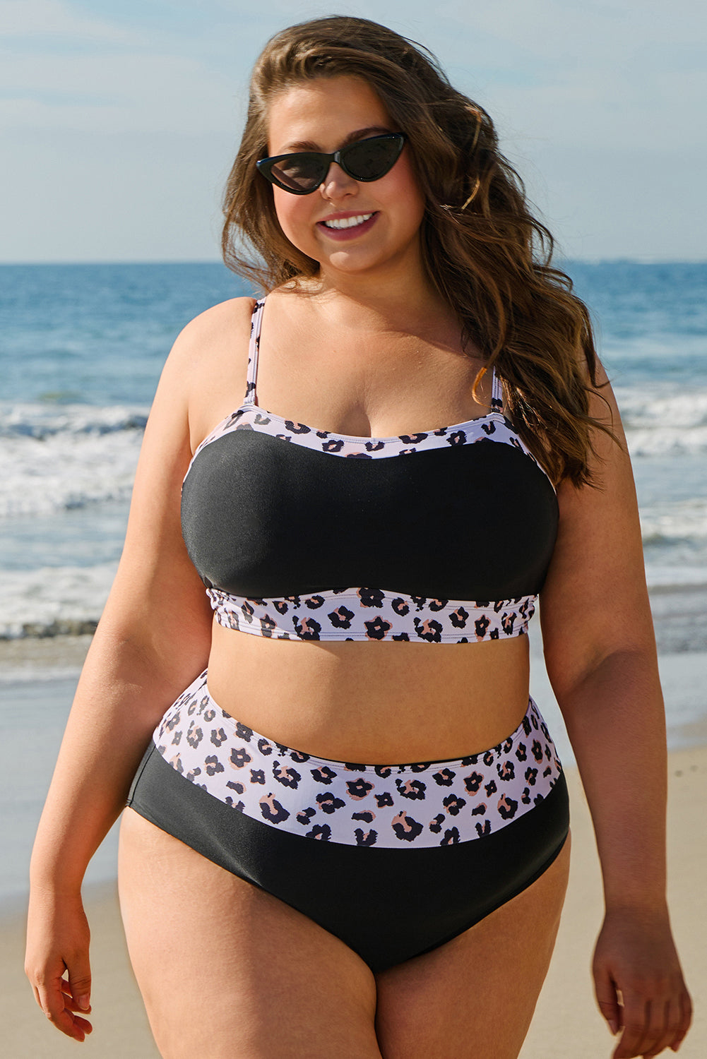 2pcs Black Leopard Patchwork Plus Size High Waisted Swimsuit