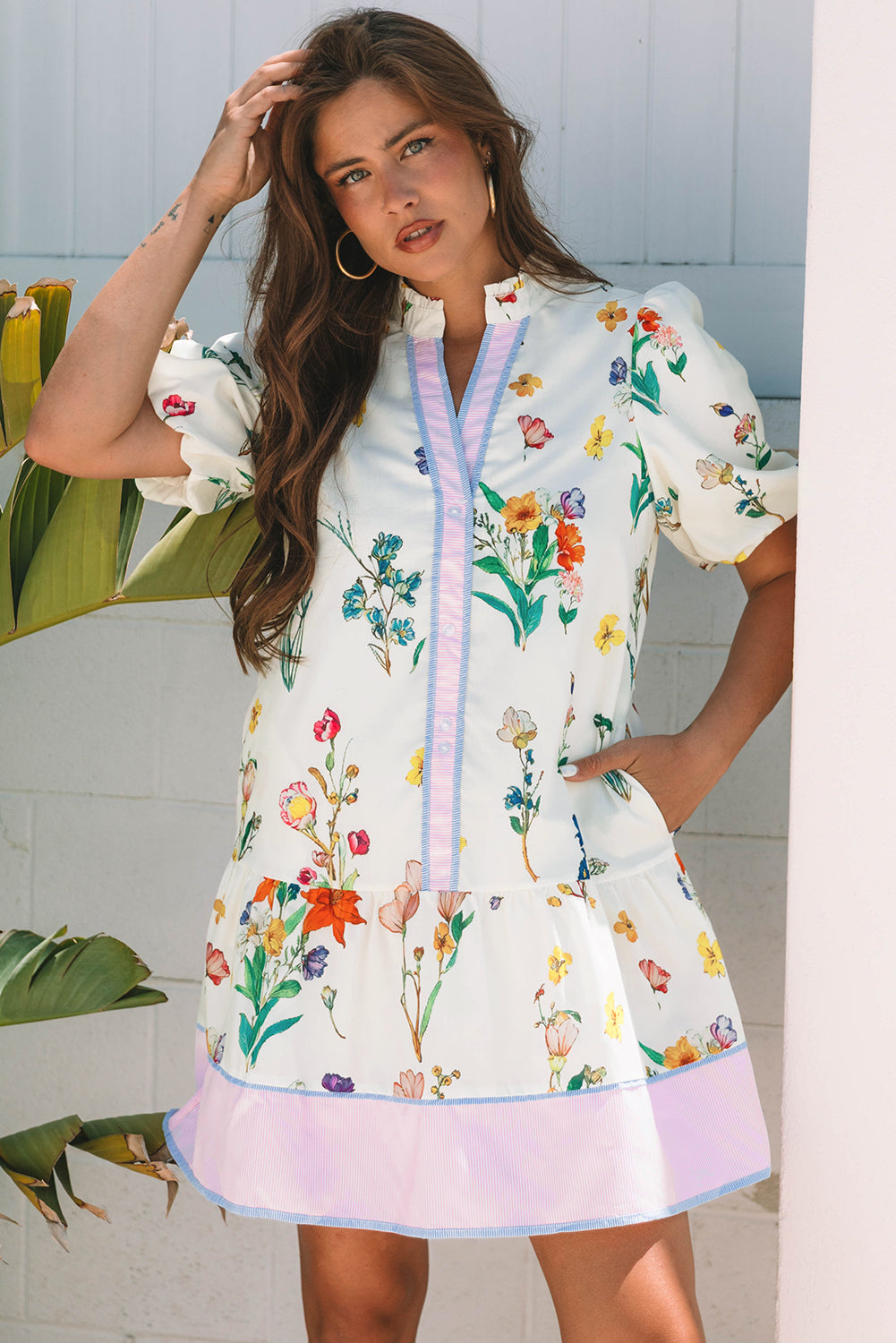 Floral Print Contrast Striped Puff Sleeve Dress