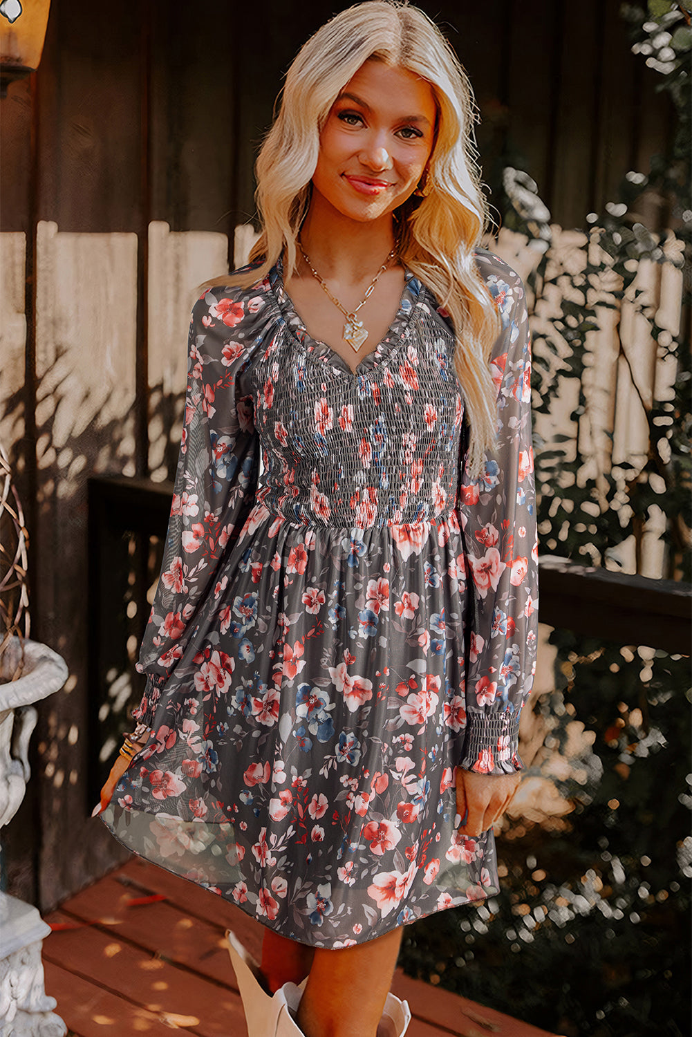 Smocked Bodice Frilly Bodice Floral Mesh Long-Sleeved Mini Dress