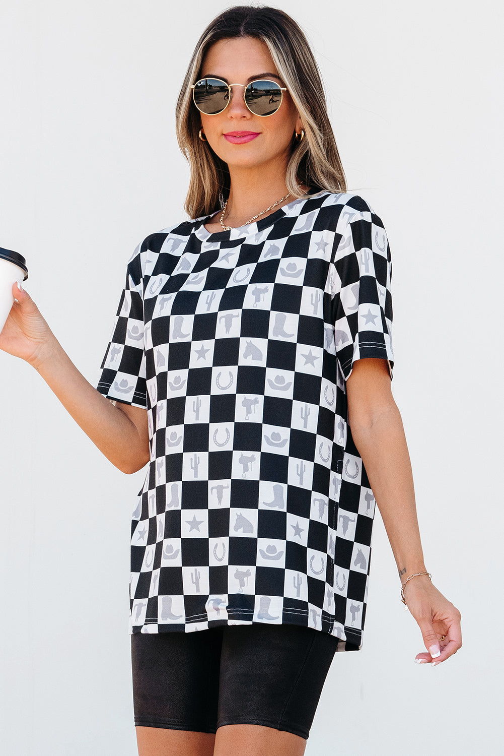Black Western Checkerboard Print Side Split T Shirt