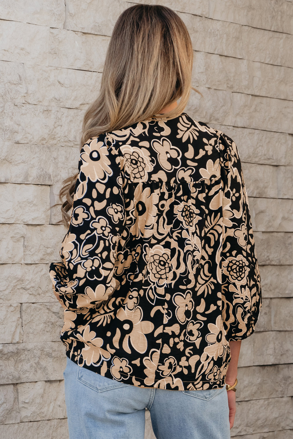 Floral Shirred Split Neck Boho Blouse