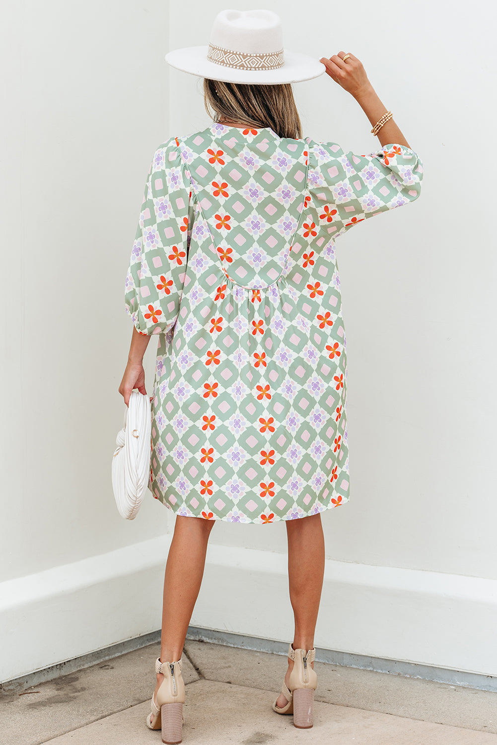 Geometric Floral Print 3/4 Sleeve Notched Neck Mini Dress