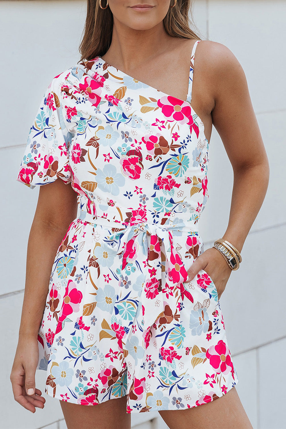 Romper for Women Floral-Print Slant Shoulder