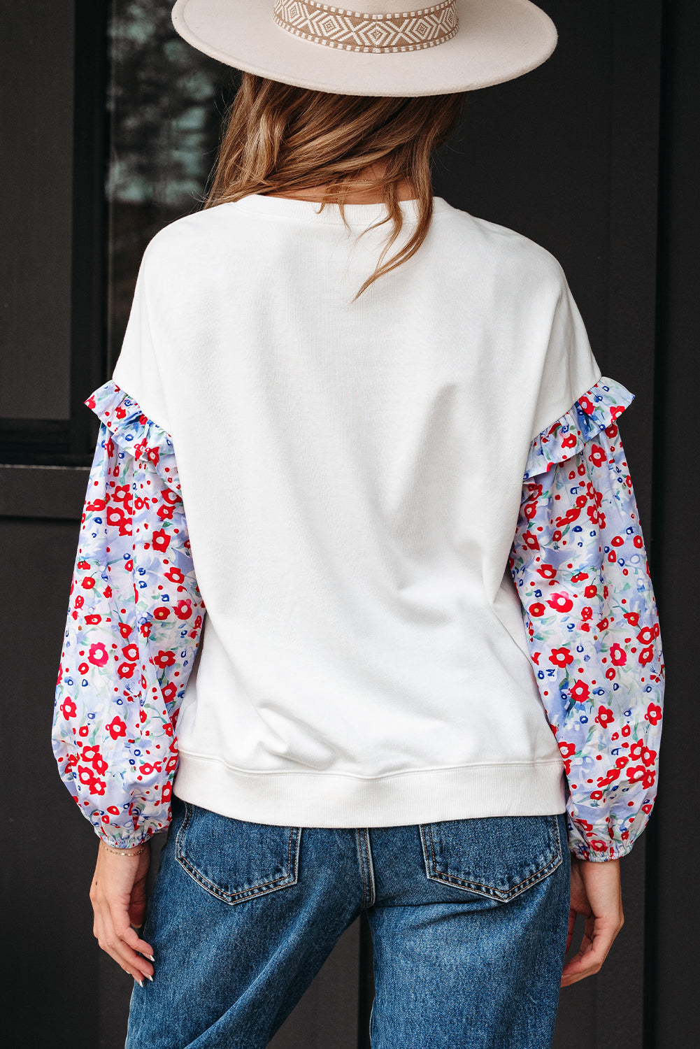 Ruffled Balloon Floral Balloon Sleeve Patchwork Loose Blouse