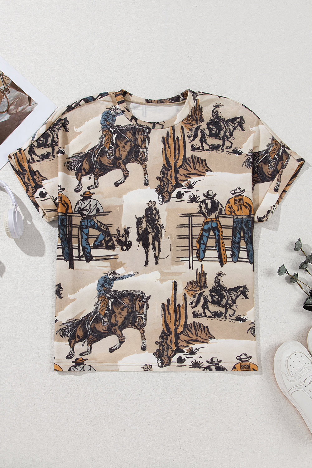Western Cowboy Print Cuffed Sleeve T Shirt