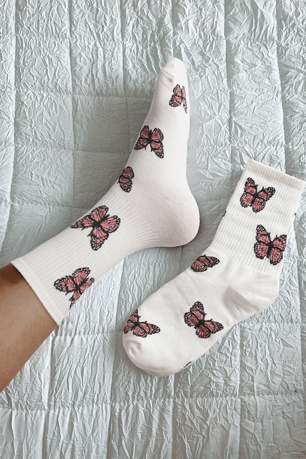 Pattern Rib-Knit Butterfly Rib-Knit Edge Soft Crew Socks