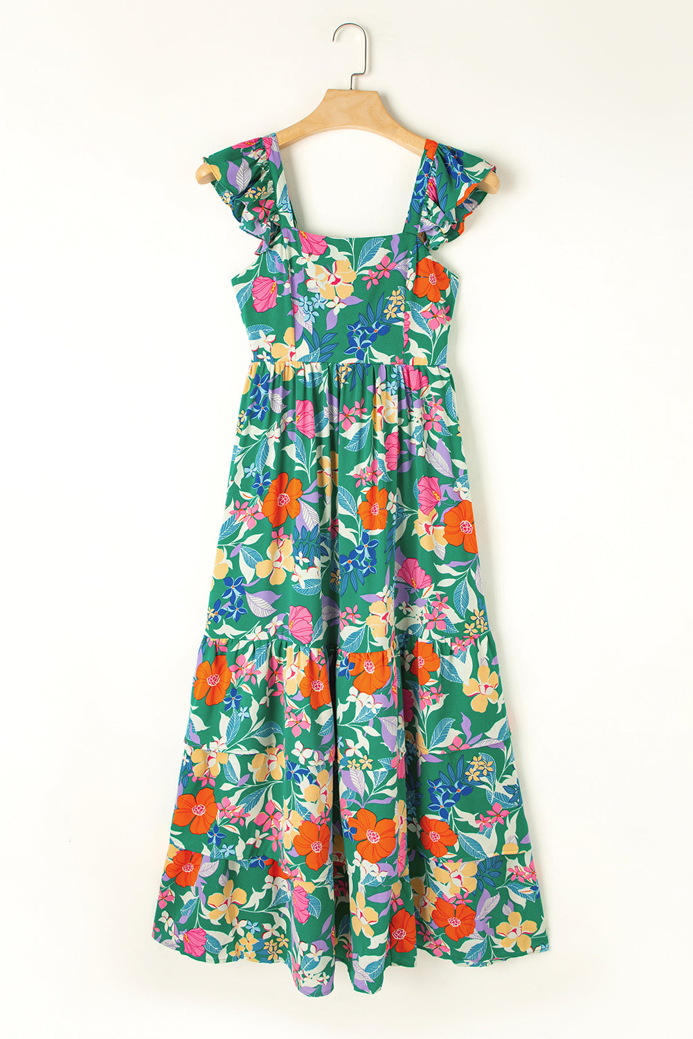 Robe longue à volants et à volants sans manches à imprimé floral vert