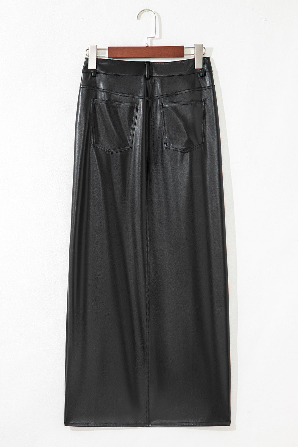Faux Slit Leather Side Maxi Skirt in Black