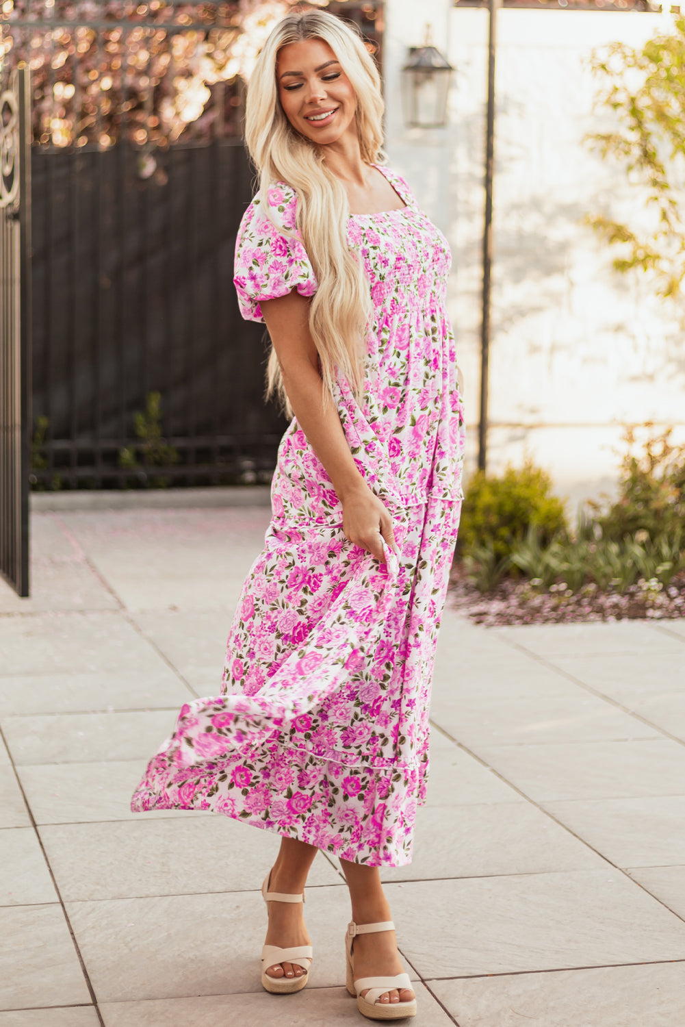 Smocked Dainty Floral Puff Sleeve Flowy Long Dress