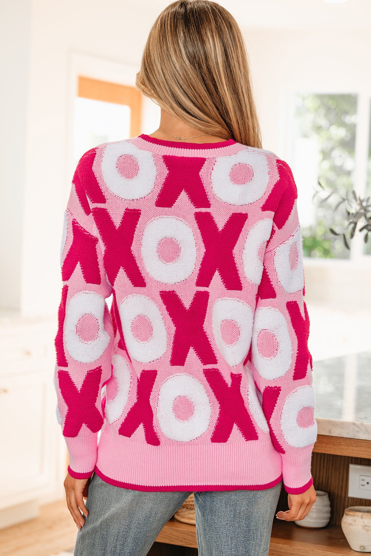 Pattern Drop-Shoulder XOXO Drop-Shoulder Crewneck Valentines Knit Top