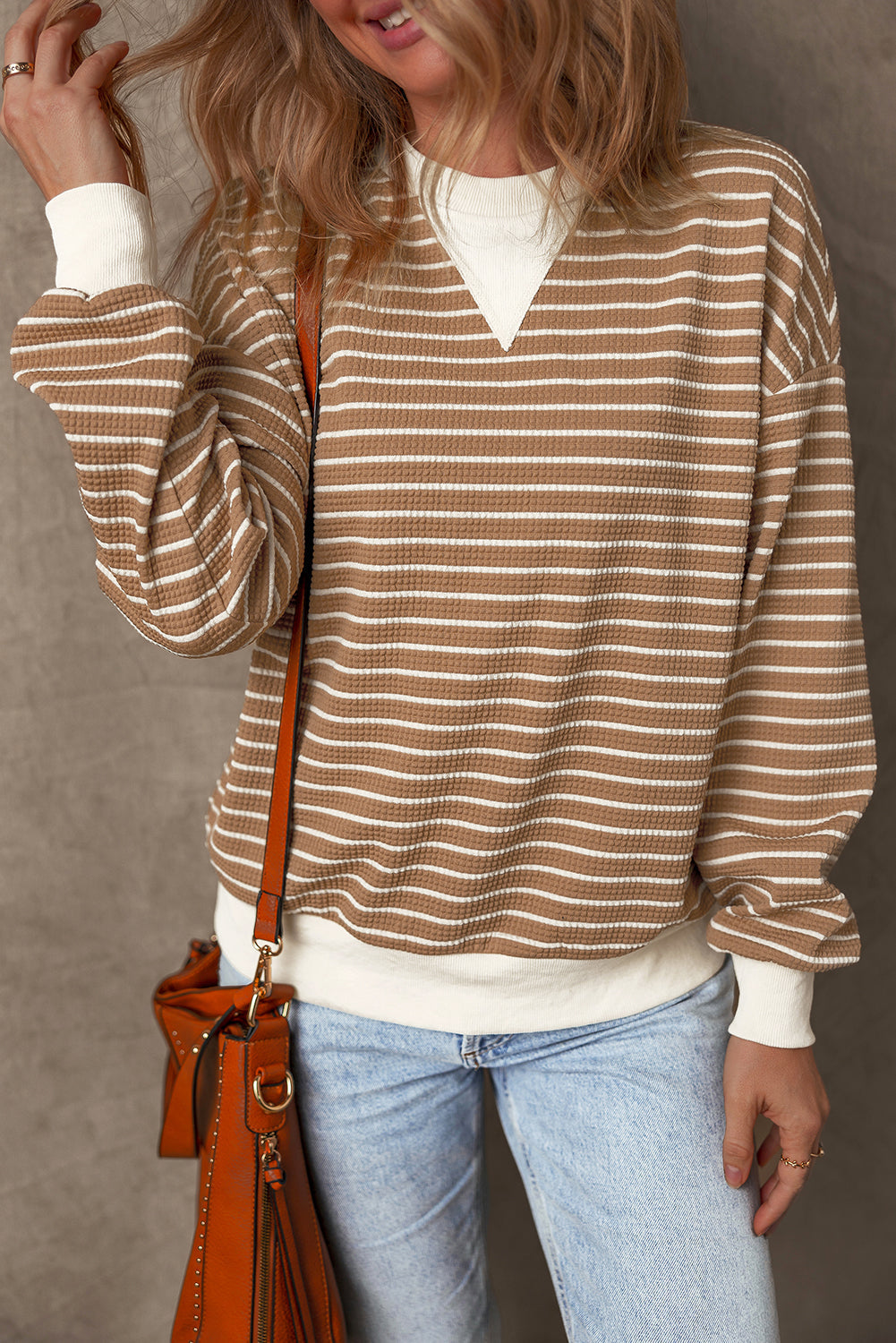 Patched Edge Textured Round Neck Long Sleeve Top