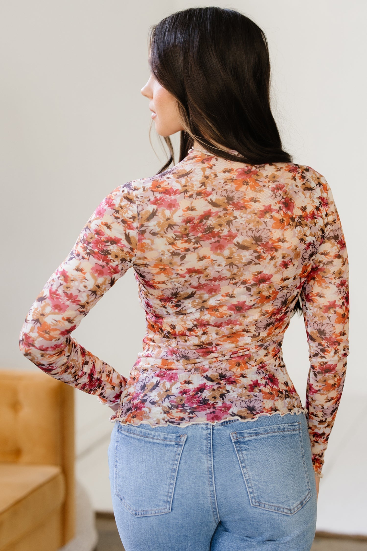 Mesh Long-Sleeved Floral-Print Long-Sleeved Top in Red