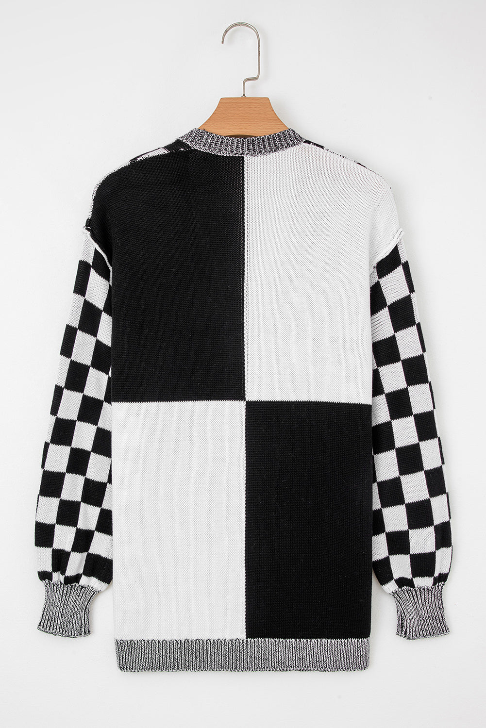 Checkered Open-Front Drop-Shoulder Cardigan in Black