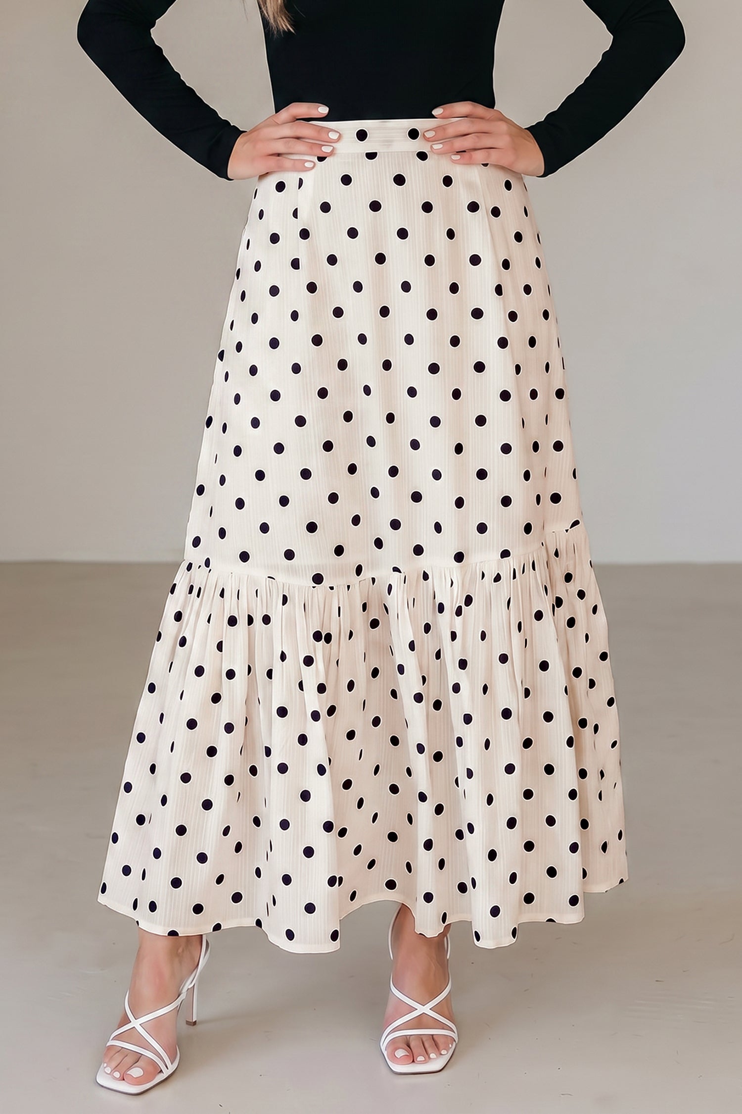 Polka-Dot Maxi Ruffled Slit Skirt in White