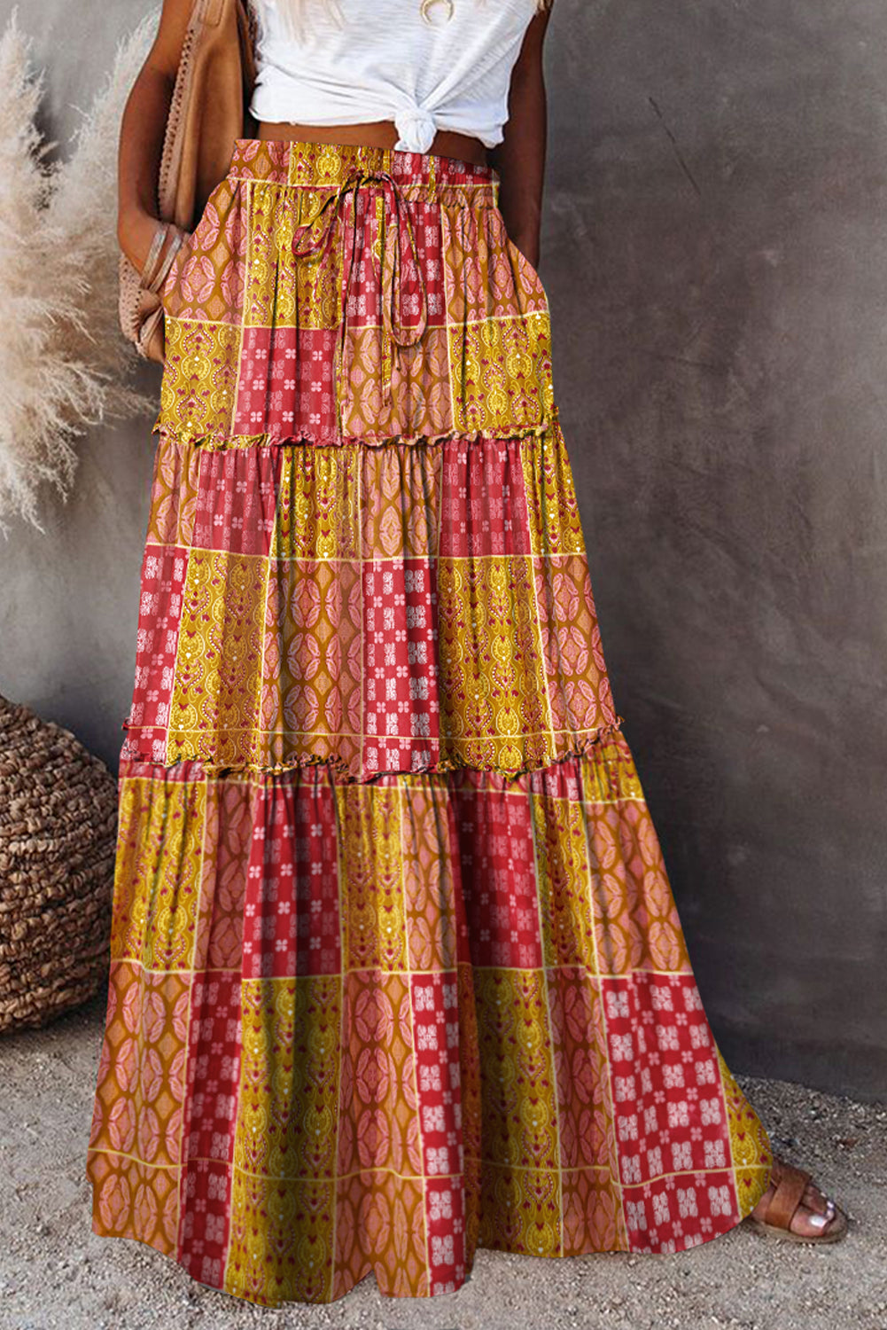 Tiered Pocket-Detail Paisley Print Maxi Skirt in Orange