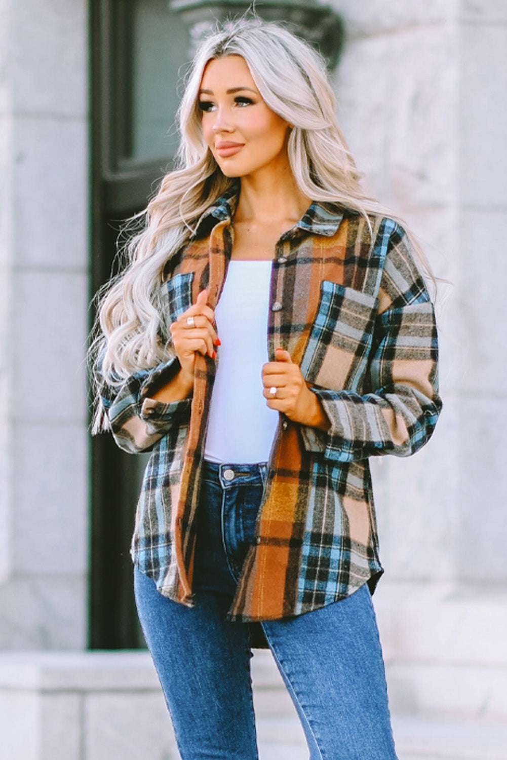 Chemise Boutonnée À Carreaux Avec Poches Et Blocs De Couleurs