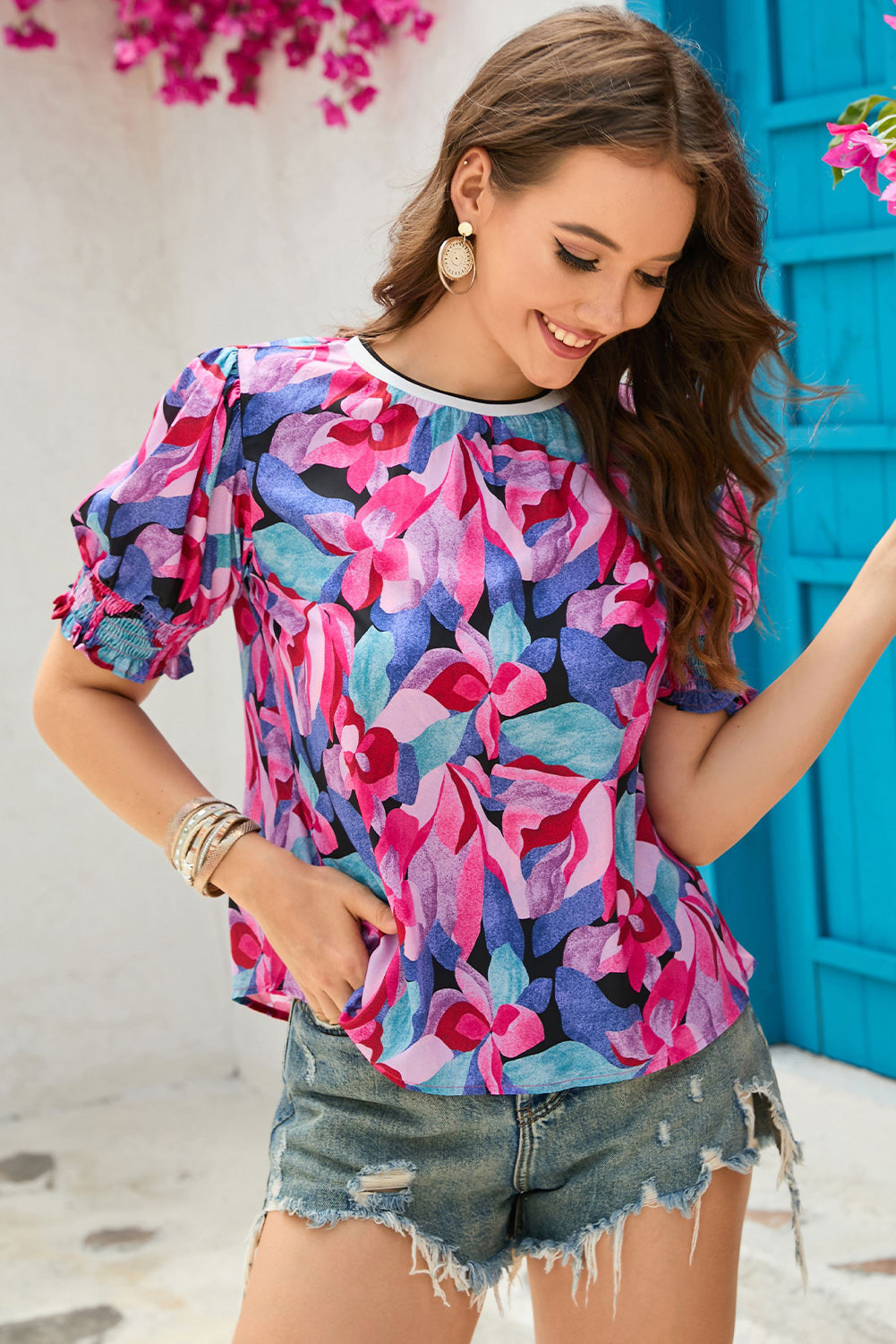 Women's Shirred Puff Floral-Print Print Blouse