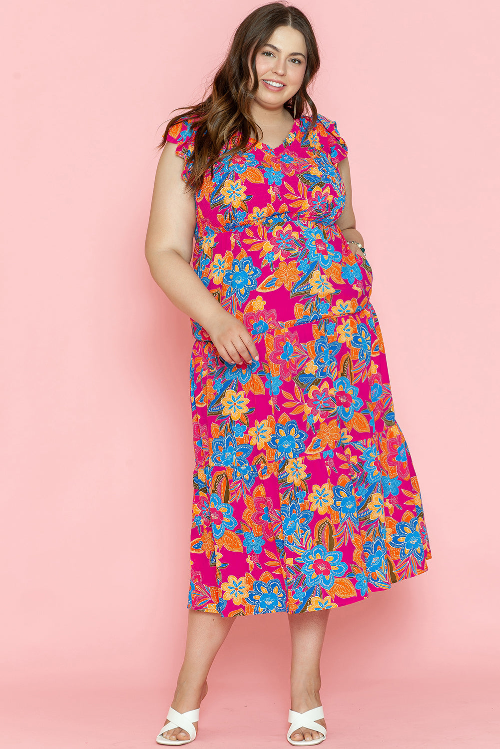 Robe Longue Grande Taille à Volants et Imprimé Floral sans Manches