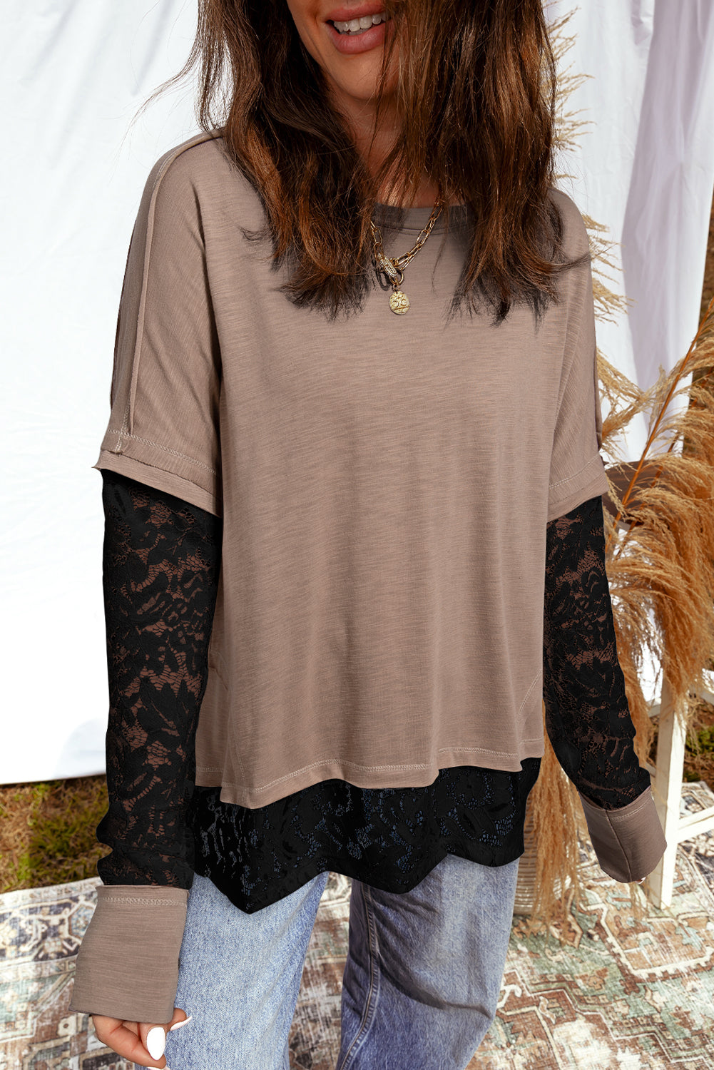 Sheer Everyday Lace Patchwork Long-Sleeved Tee