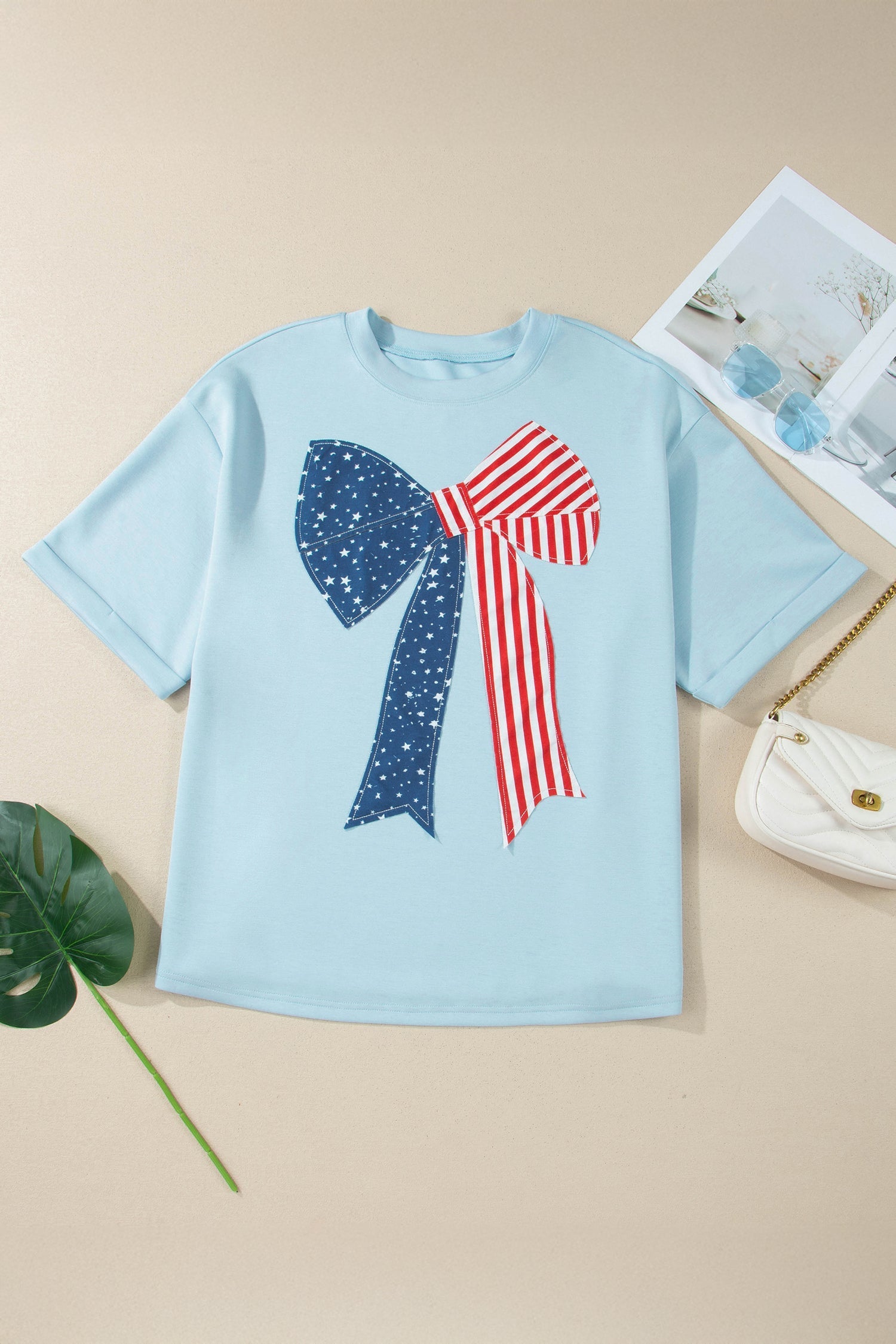 Plus Size Patriotic Bow Patchwork Graphic T-Shirt in Beau Blue