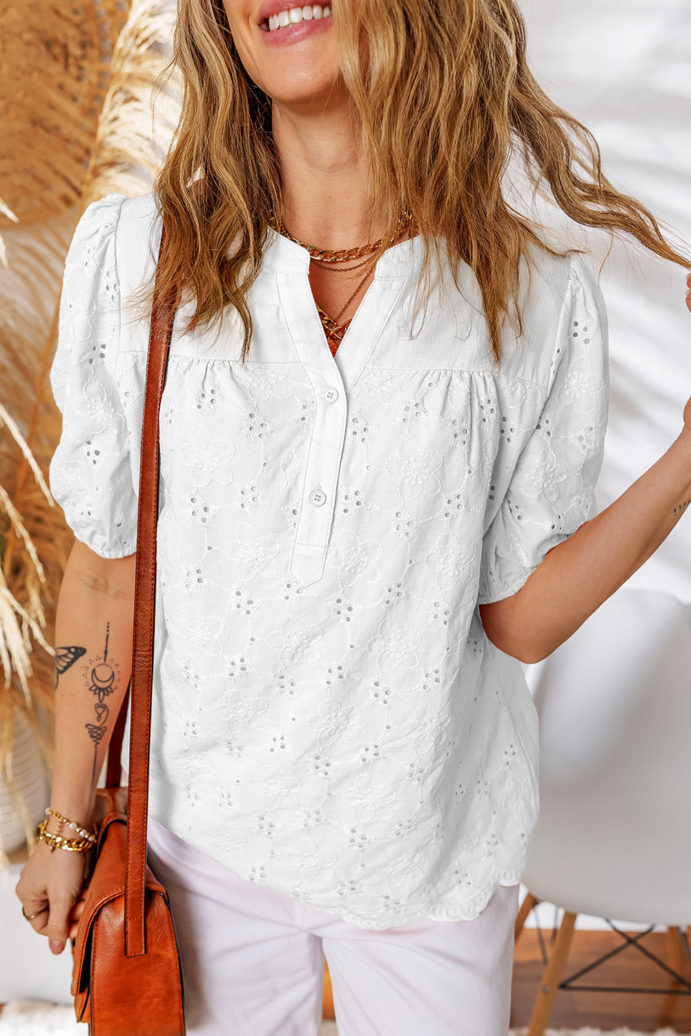 Lace Crochet V-Neck Half Sleeve Embroidery Button Down Blouses Everyday Shirts